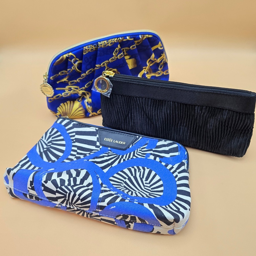 Estee‎ Lauder Cosmetic Bag Set 3pc Blue Gold Chain Black Pleated Makeup Pouches